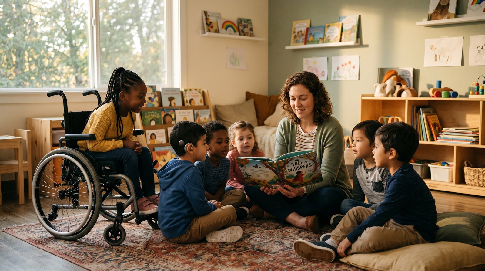 A teacher reading a picture book to a small group of diverse children, including a child in a wheelchair and a child with a hearing aid