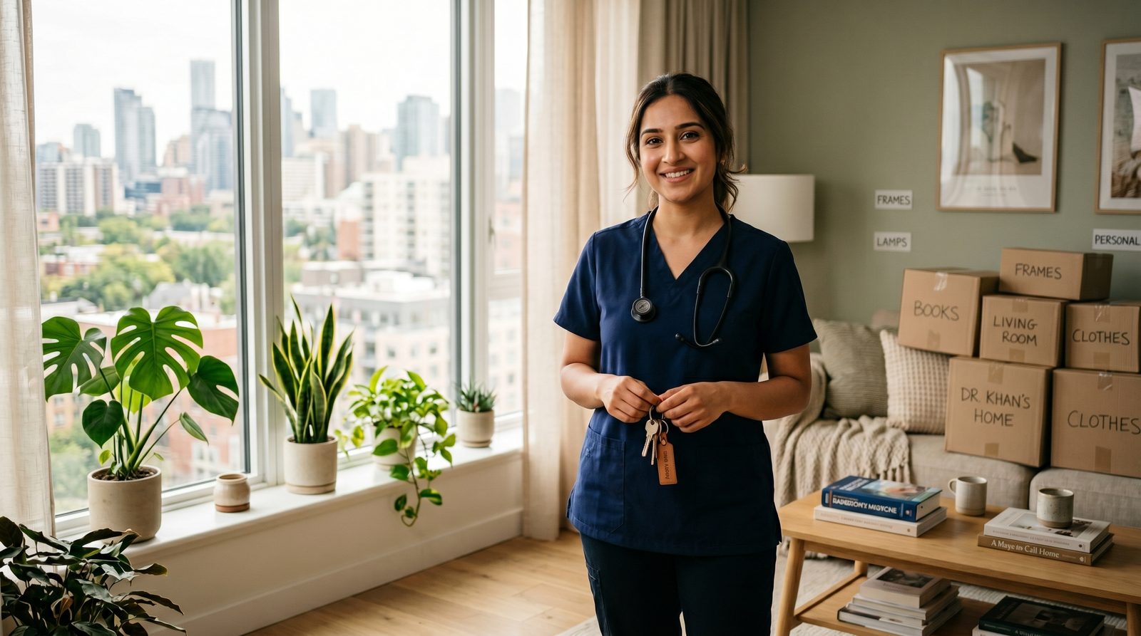 An incoming international medical graduate with a stethoscope and apartment keys, smiling in her new sunlit home